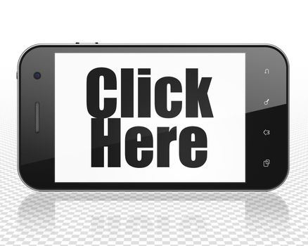 Web design concept: Smartphone with black text Click Here on display, 3D rendering