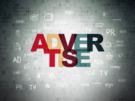 Advertising concept: Painted multicolor text Advertise on Digital Data Paper background with  Hand Drawn Marketing Icons