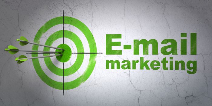 Success advertising concept: arrows hitting the center of target, Green E-mail Marketing on wall background, 3D rendering