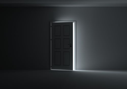 An open door with bright light streaming into a very dark room. 3d Illustration