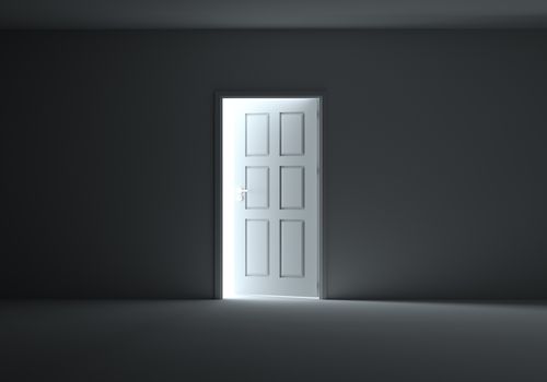 An open door with bright light streaming into a very dark room. 3d Illustration