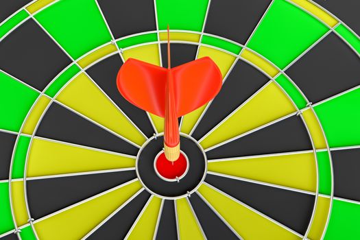 Close up red dart arrow on center of dartboard. 3d illustration