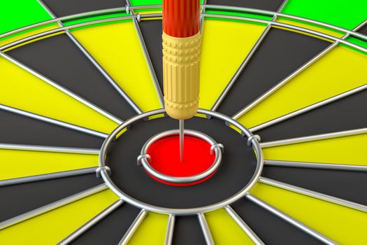 Close up red dart arrow on center of dartboard. 3d illustration