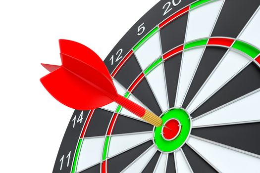 Close up red dart arrow on center of dartboard. 3d illustration