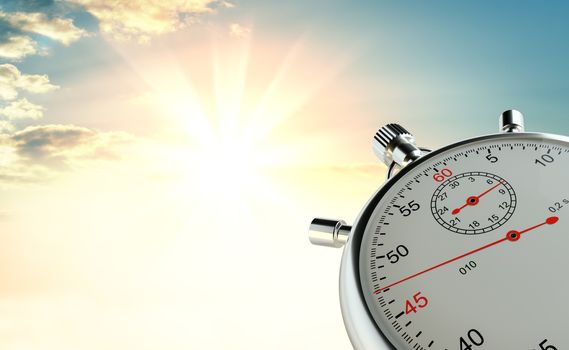 Analog stopwatch against the background of sunrise. The concept of speed and achievements. 3d illustration