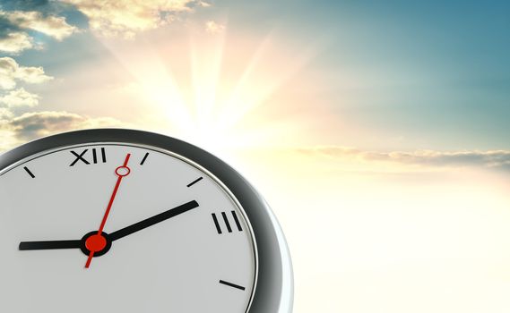 Clock against the background of sunrise. The concept of time. 3d illustration