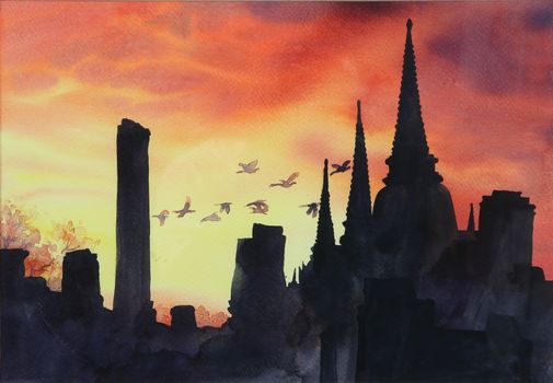 silhouette of pagoda at Ayutthaya Historical park by sunrise, my watercolor painting on paper