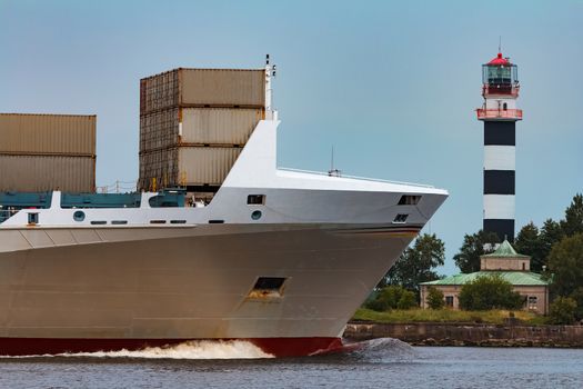 Grey container ship. Logistics and production import