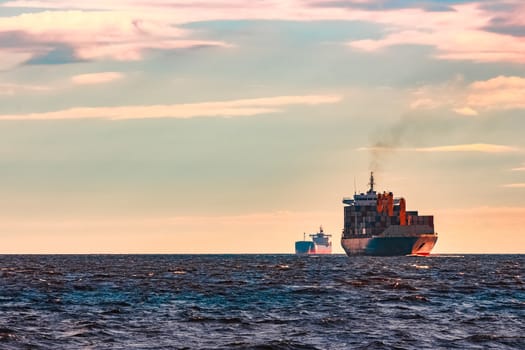 Blue container ship. World logistics and production transfer