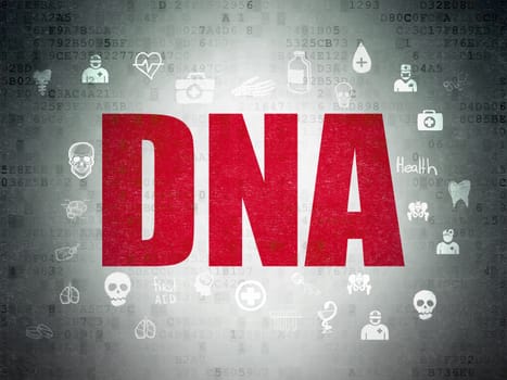 Medicine concept: Painted red text DNA on Digital Data Paper background with  Hand Drawn Medicine Icons