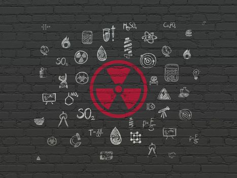Science concept: Painted red Radiation icon on Black Brick wall background with  Hand Drawn Science Icons