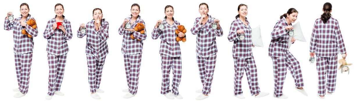 Full length woman in pajama in a row on a white background