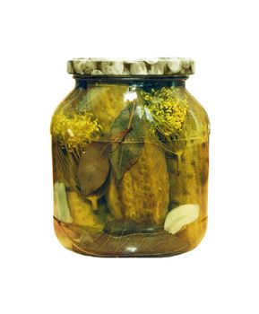 Glass jar of pickled cucumbers isolated on white