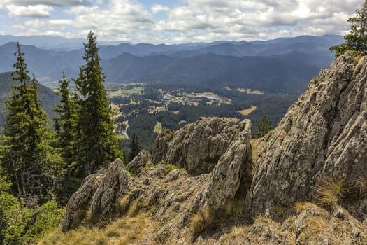 Mountain view from Orpheus rocks to Smolyan lakes, a group of lakes in Bukova Mountain the Western Rhodopes to the north under the Orpheus rocks and Snejanka peak.