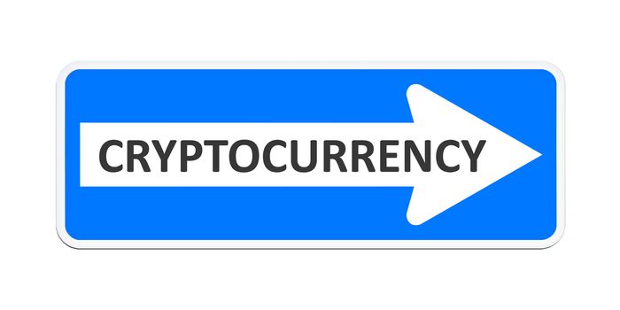 An image of a german one way sign with the word cryptocurrency