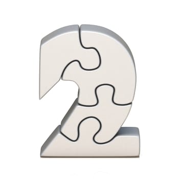 White puzzle jigsaw number TWO 2 3D render illustration isolated on white background