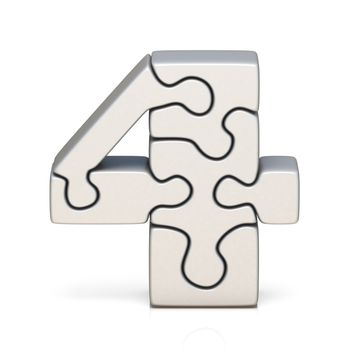 White puzzle jigsaw number FOUR 4 3D render illustration isolated on white background