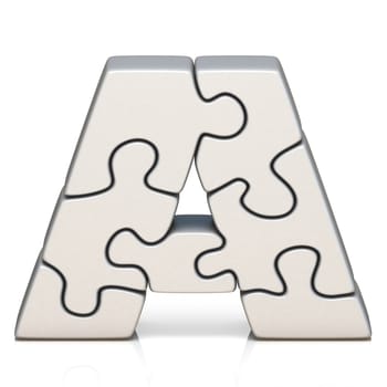 White puzzle jigsaw letter A 3D render illustration isolated on white background