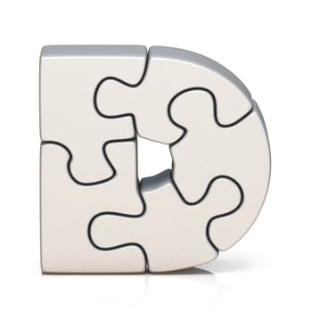 White puzzle jigsaw letter D 3D render illustration isolated on white background