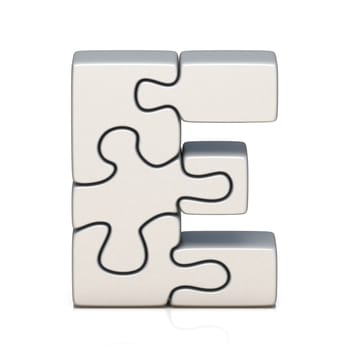 White puzzle jigsaw letter E 3D render illustration isolated on white background