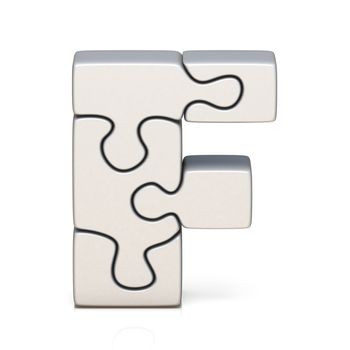 White puzzle jigsaw letter F 3D render illustration isolated on white background