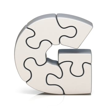 White puzzle jigsaw letter G 3D render illustration isolated on white background