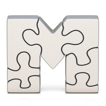 White puzzle jigsaw letter M 3D render illustration isolated on white background