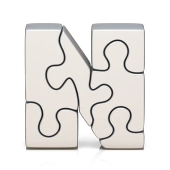 White puzzle jigsaw letter N 3D render illustration isolated on white background