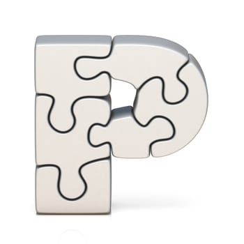 White puzzle jigsaw letter P 3D render illustration isolated on white background
