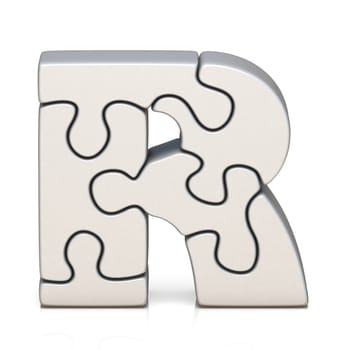 White puzzle jigsaw letter R 3D render illustration isolated on white background