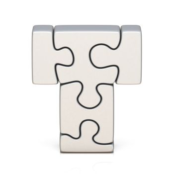 White puzzle jigsaw letter T 3D render illustration isolated on white background