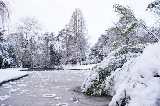 View of frozen lake in Grove Park, Harborne in cold winter.