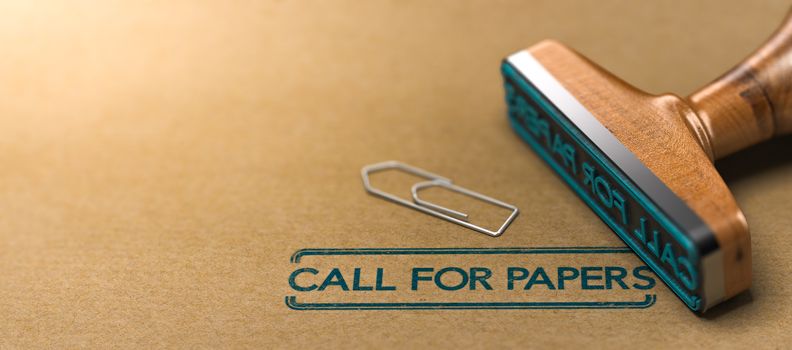 3D illustration of rubber stamp over paper background with the text call for papers. Conference or meeting organization and communication