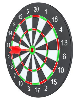 Target dart arrow hitting in the center of dartboard. 3d illustration