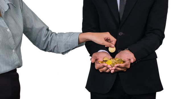 A female hand  putting coin in a safety business man hands