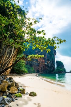 Phra Nang beach on a sunny day, vertical photograph. Thailand