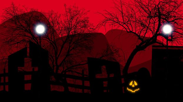 Halloween concept graveyard with pumpkins on red. 3d illustration