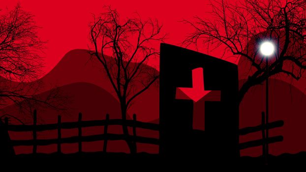 Halloween concept graveyard with pumpkins on red. 3d illustration.