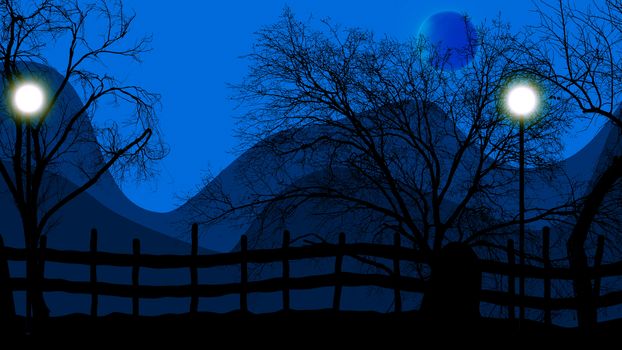 Hills, trees and the moon on a blue. 3d illustration