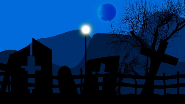 Halloween background with spooky graveyard, naked trees, graves and the moon on a blue. 3d illustration