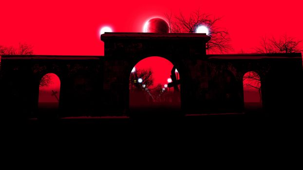 3d illustration of foggy graveyard with pumpkin lights and the moon on red sky background.