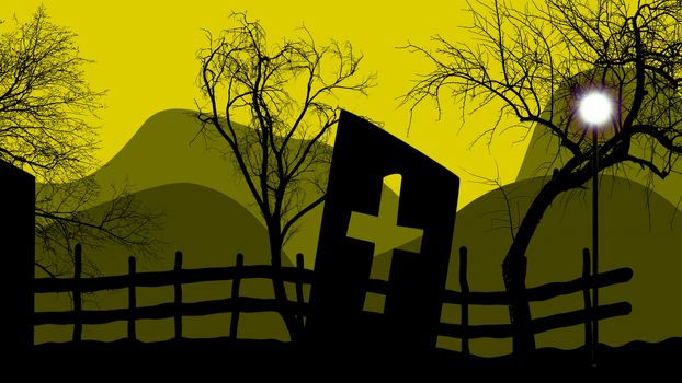 3d illustration of a pumpkin light on a graveyard and yellow sky.