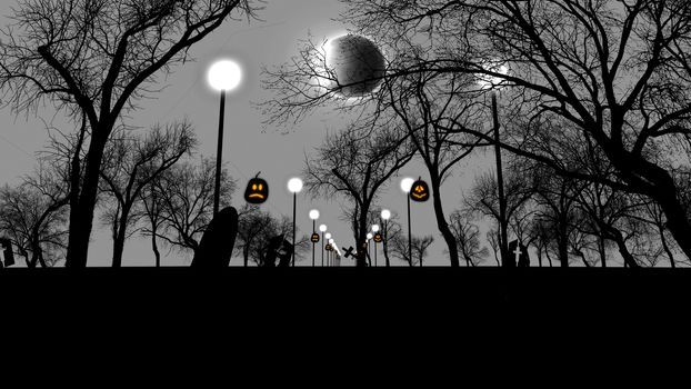 3d illustration of Pumpkins, the Moon, lampstands and trees. Black and white.
