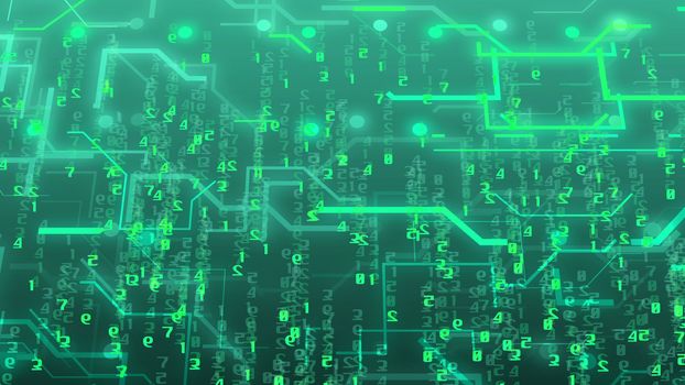 Abstract technology concept with numbers and circuit board imitation on a green background. Internet technology business concept. 3d rendering.