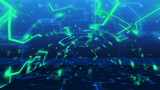 3d rendering. Abstract technology tunnel from imitation of circuit board and digital numbers. Concept of Internet business in progress.