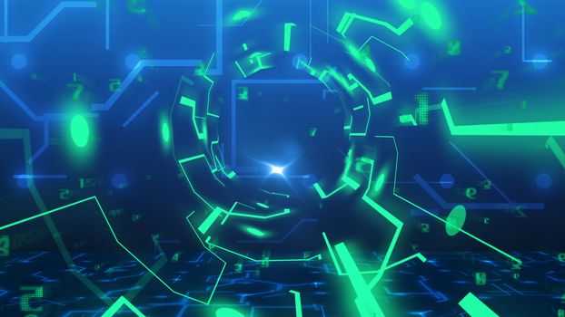 Abstract technology Tunnel from imitation of circuit board and digital numbers. Concept of Internet business in progress. 3d illustration.