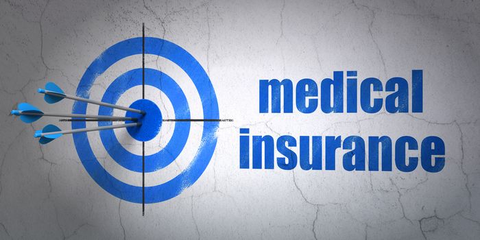 Success Insurance concept: arrows hitting the center of target, Blue Medical Insurance on wall background, 3D rendering