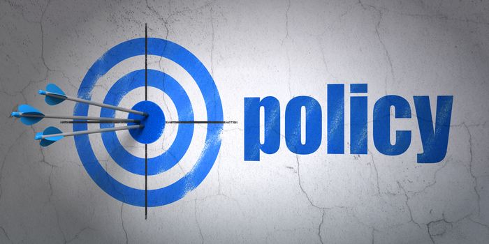 Success Insurance concept: arrows hitting the center of target, Blue Policy on wall background, 3D rendering