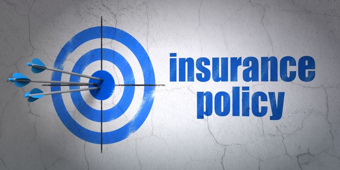 Success Insurance concept: arrows hitting the center of target, Blue Insurance Policy on wall background, 3D rendering