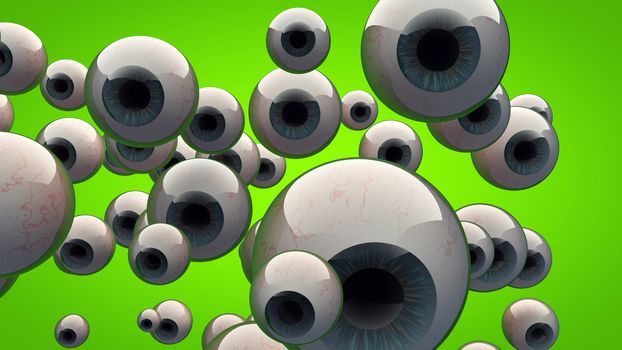 Big Brother watching you! 3d rendering of a group of eyeballs with different sizes and green background. 